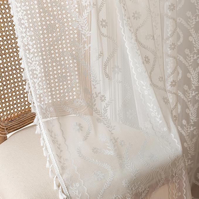 WAZZIO Boho Lace Curtains 2 Panels 45 Inches -Cute Vintage Victorian Sheer Panel Drape French Country Floral Pattern & Tassel Light Filtering Privacy for Bedroom Dining Living Room,White,W52x L45