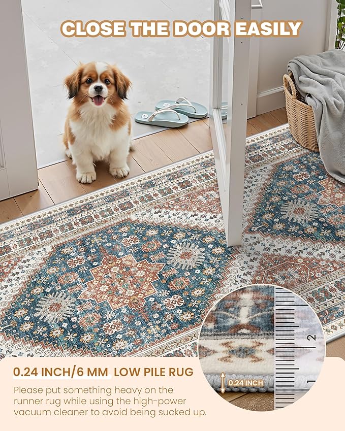 Carpet Runners for Hallway 12ft, Non-Slip Long Bathroom Rugs Runner for Kitchen, Living Room, Soft Vintage Washable Rug for Entryway, Thin Floor Mat for Dining Room(Blue/Red,2.5'x12')