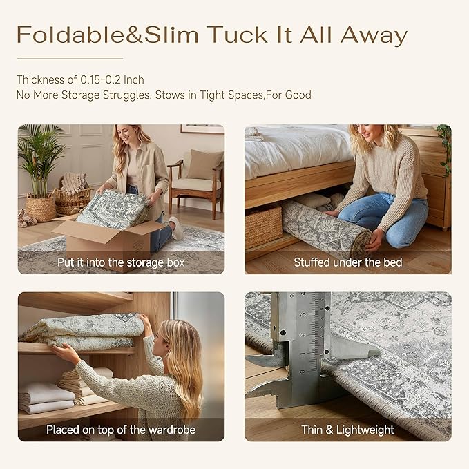 PureCozy Gray 5x7 Area Rug Washable Vintage Living Room Carpet Non Slip Retro Distressed Low Pile Soft Oriental Medallion Thin Grey Throw Rug for Kitchen Bathroom Office Bedroom Dining Room