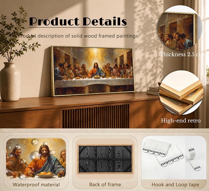 Large The Last Supper Framed Wall Art, Jesus Christ Religious Canvas Print Poster, Christian Wall Decor for Church Living Room Bedroom, Biblical Home Decoration