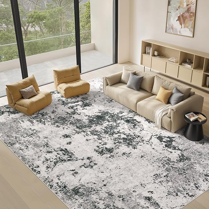 Area Rugs for Living Room: 10x12 Abstract Washable Rug Large Soft Stain Resistant Non-Slip Backing for Bedroom Dining Room Indoor Home Office Carpet for Kids Pet Friendly Families - Dark Grey