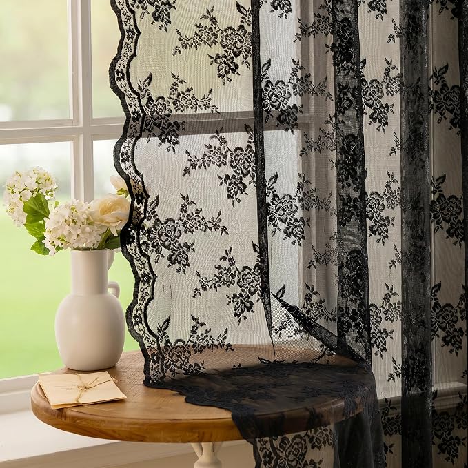MEETSKY Black Lace Curtains 90 Inches Long 2 Panels Set, Black Sheer Gothic Curtains Vintage Floral Light Filtering Curtain for Living Room Bedroom, Each Panel 50" W x 90" L #2 Black