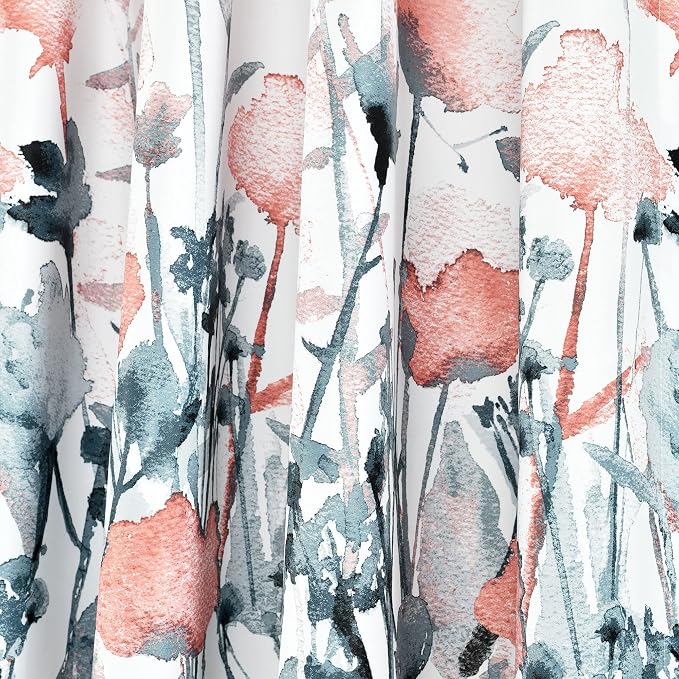 Lush DÉCOR Zuri Flora Curtains Light Filtering Window Panel Set for Living, Dining, Bedroom (Pair), 84 x 52 in, Blue and Coral, 2 Count