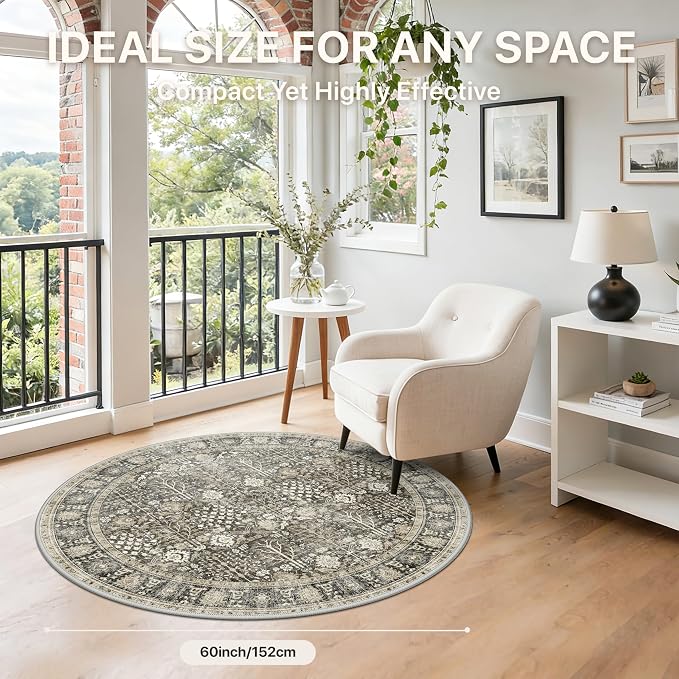 Bavni Round Rug 5FT-Machine Washable Area Rugs Non-Slip for Bedroom, 5x5 Vintage Floral Rug Distressed Throw Carpet for Living Room Nursery Kitchen Bathroom, Beige/Brown