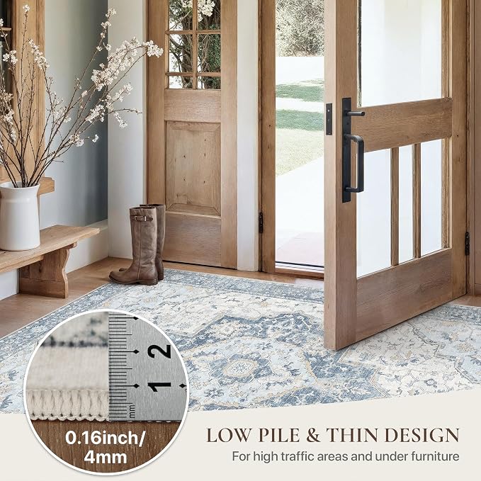 GENIMO Runner Rug 2'x5' Machine Washable Non Slip Vintage Hallway Runner Rug, Low Pile Lightweight Rugs for Indoor Entryway, Hallway, Kitchen and Corridor, Light Blue Beige