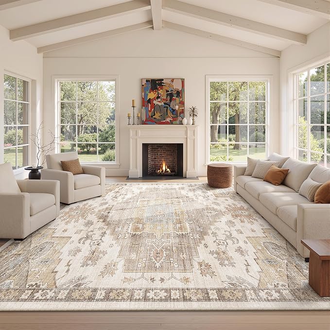 Washable Area Rugs for Living Room 9x12 Neutral Vintage Floral Farmhouse Boho Large Soft Floor Rug Indoor Non Slip Carpet for Bedroom Dining Room Brown