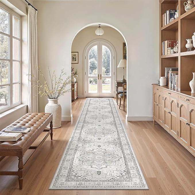Madane Washable Runner Rugs 2x12 Long for Hallway Kitchen Soft, Grey | Non-Slip Vintage Printed 12ft Rug Runners with Rubber Backing, Thin Low-Pile Floor Carpet Laundry Room Entryway, Corridor