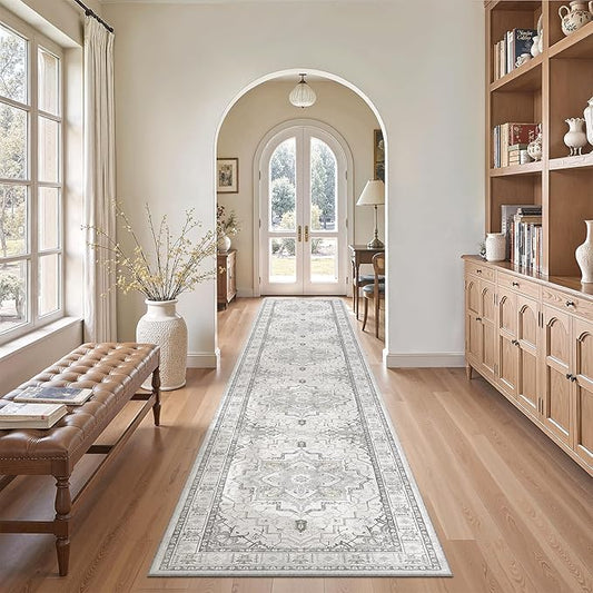 Madane Washable Runner Rugs 2x12 Long for Hallway Kitchen Soft, Grey | Non-Slip Vintage Printed 12ft Rug Runners with Rubber Backing, Thin Low-Pile Floor Carpet Laundry Room Entryway, Corridor