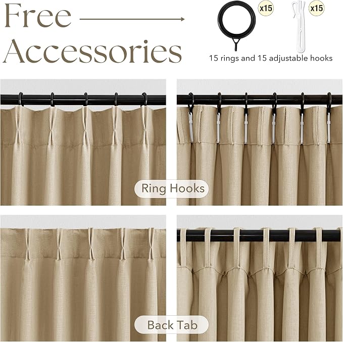 Kahki Pinch Pleated Linen Curtains 63 Inch Length 2 Panels for Living Room Bedroom Textured Semi Sheer Drapes Pinch Pleat Rings Window Curtain 40x63