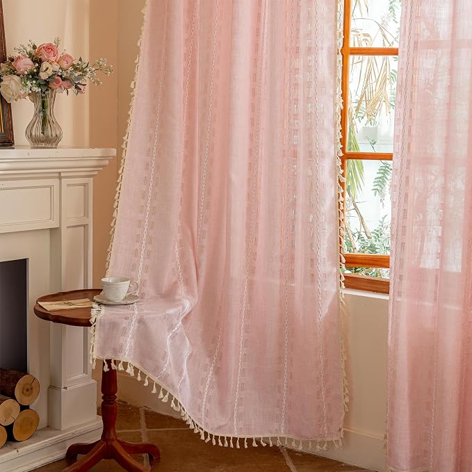 Pink Curtains for Girls Bedroom 2 Panels,Light Pink Nursery Curtains 84 Inches Long,Bohemian Beige Tassels Light Filtering Curtains Shabby Chic Embroidery Striped Draps Back Tab, 50" W