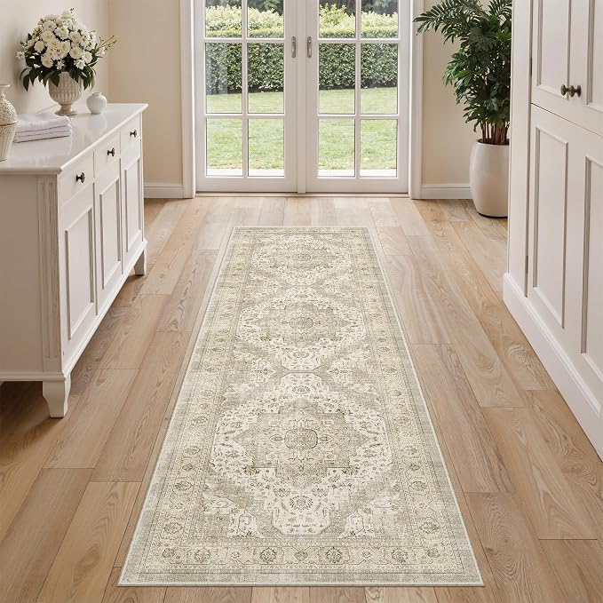 Roxstand Washable 2x6 Hallway Runner Rug, Ivory/Beige | Low-Pile Carpet, Non-slip Backing,6ft Runner, Stain Resistant, Runner for Kitchen, Laundry Room, Entryway, Vintage Design