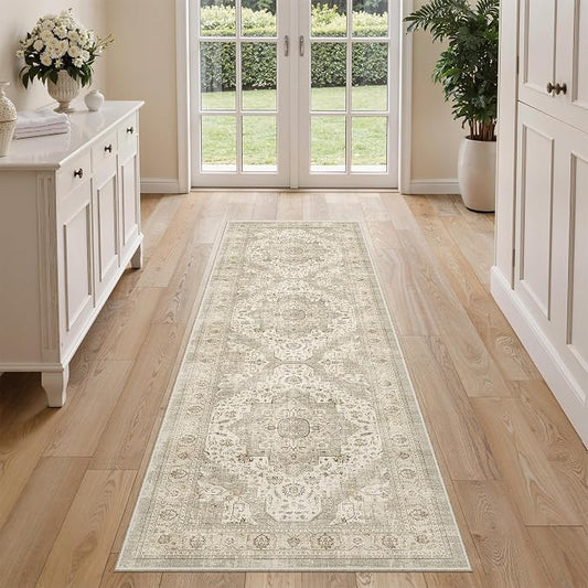Roxstand Washable 2x6 Hallway Runner Rug, Ivory/Beige | Low-Pile Carpet, Non-slip Backing,6ft Runner, Stain Resistant, Runner for Kitchen, Laundry Room, Entryway, Vintage Design