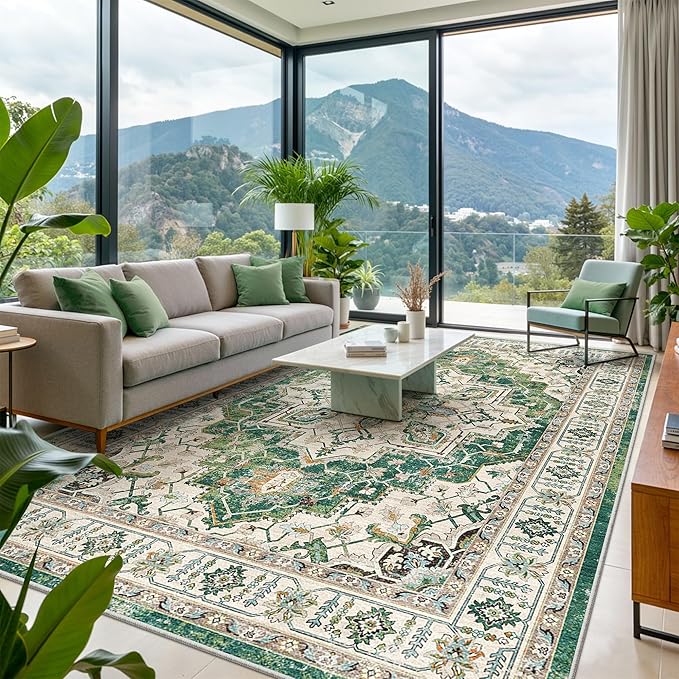 zesthome 9x12 Area Rugs,Stain Resistant Washable Rug,Ultra-Thin Rugs for Living Room,Bedroom,Non-Slip Backing Home Decor Large Area Rug (Green,9'x12')