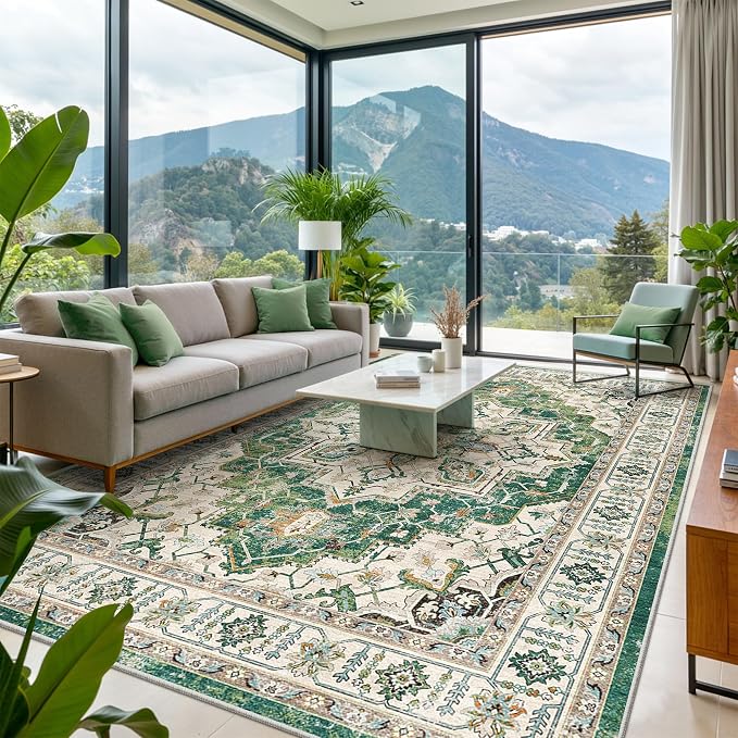 zesthome 8x10 Area Rugs,Stain Resistant Washable Rug,Ultra-Thin Rugs for Living Room,Bedroom,Non-Slip Backing Home Decor Large Area Rug (Green,8'x10')