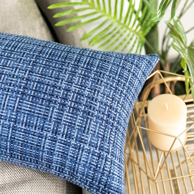 Kevin Textile Outdoor Waterproof Throw Pillow Covers 14x36 Inch Pack of 1 Woven Faux Linen Decorative Water Resistant Long Body Lumbar Cushion Covers for Tent Patio Garden Couch Sofa Navy Blue