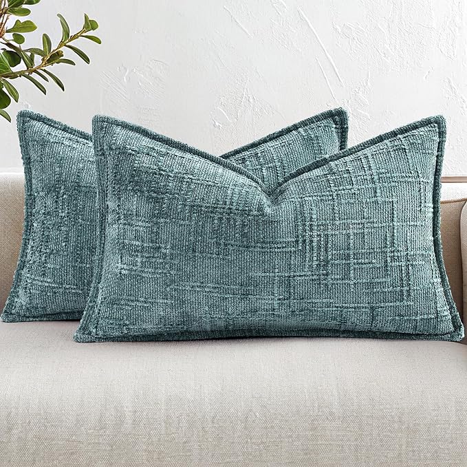 decorUhome Chenille Throw Pillow Covers 12x20 Set of 2, Soft Textured Slubby Modern Decorative Pillow Covers with Elegant Design for Couch, Sofa, Living Room, Teal