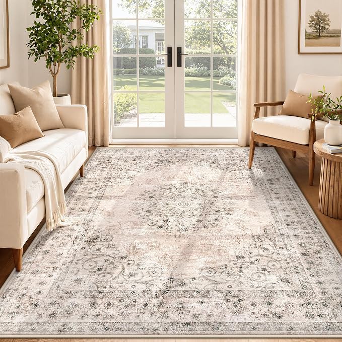 Area Rug 5x7 Vintage Rug: Washable Indoor Medallion Rugs Low Pile Distressed Floor Carpet Retro Accent Rug for Living Room Bedroom Kitchen Dining Table Home Office(Distressed Brown, 5'x7')