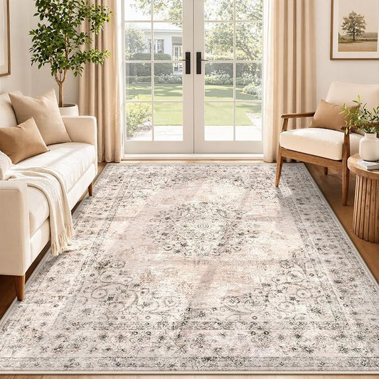 Area Rug 5x7 Vintage Rug: Washable Indoor Medallion Rugs Low Pile Distressed Floor Carpet Retro Accent Rug for Living Room Bedroom Kitchen Dining Table Home Office(Distressed Brown, 5'x7')