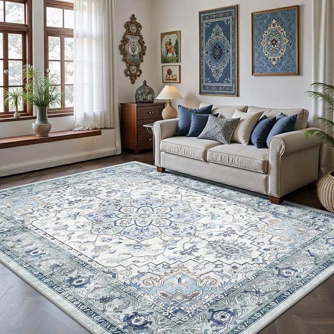 5x7 Area Rugs - Washable Rug Vintage Distress Boho Medallion Rugs for Living Room, Soft Non-Slip Backing Low Pile Carpet for Bedroom Dining Room Office Nursery Dorm Home, Blue Grey Purple