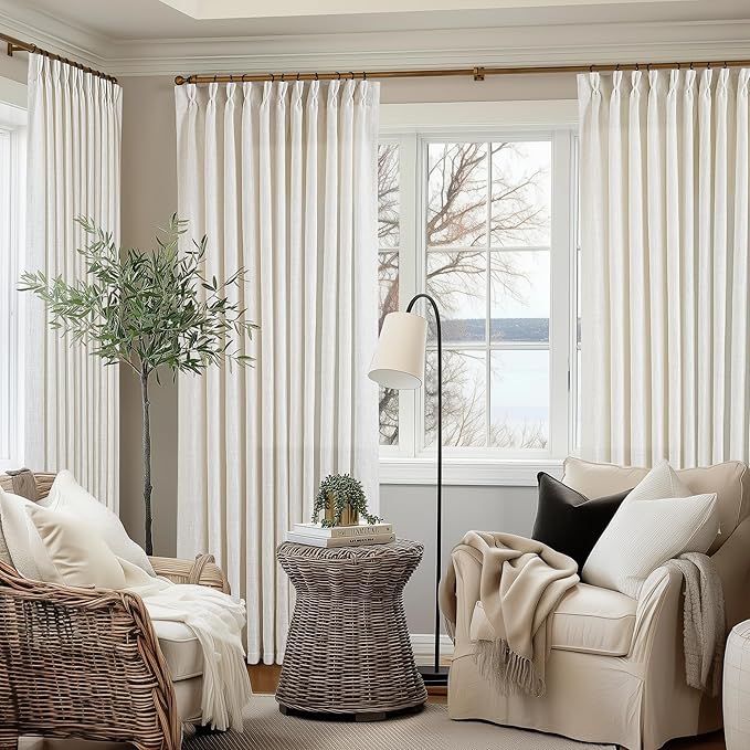 TWODRAPES 102 Inch Long Curtains Extra Wide 70 Inch Width Pinch Pleat Linen Curtains for Living Room Cream Light Filtering Privacy Pleated Hooks Rings Back Tab for Sliding Door 1 Panel
