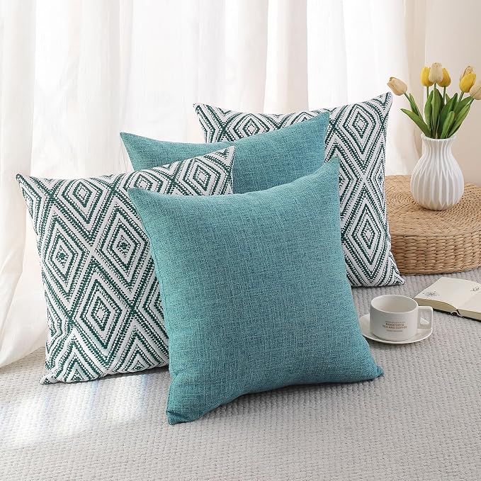 HPUK Throw Pillow Covers 20x20 Inch Set of 4, Linen Decorative Pillow Covers, Accent Cushion Covers for Couch Sofa Bed Bedroom Living Room Décor, Aqua Blue
