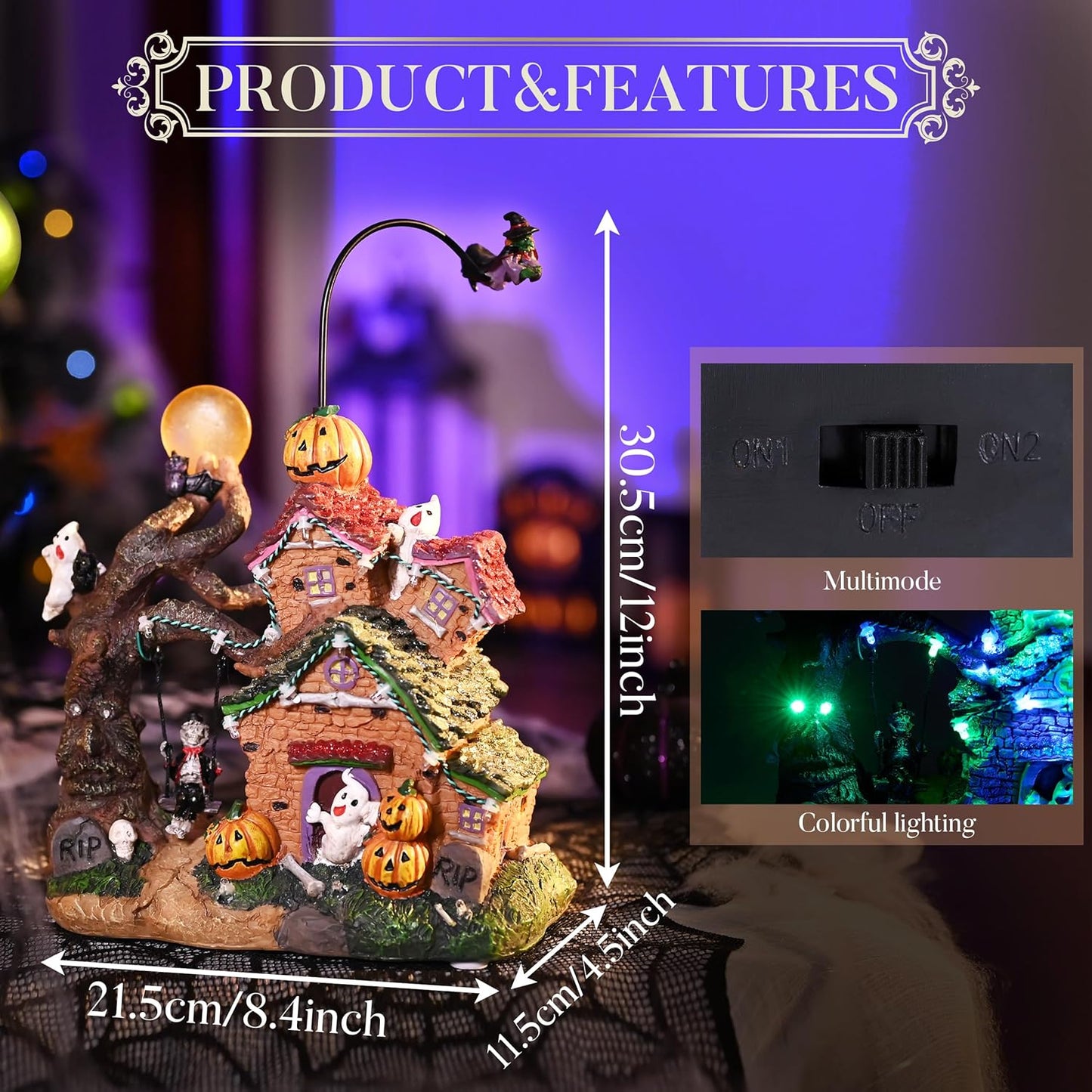 Valery Madelyn Halloween Decorations, Lighted Halloween Village Houses with Music and LED Lights, Resin Spooky Town Flying Witch and Haunted House for Home and Party Table Desk Mantel, 12 Inch
