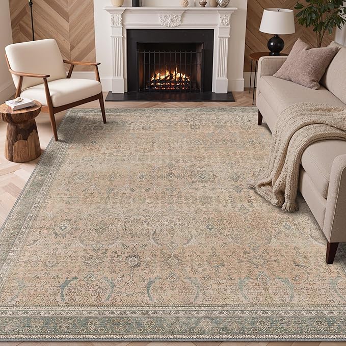 GENIMO 8x10 Area Rugs for Living Room, Machine Washable Non Slip Vintage Rugs, Low Pile Lightweight Chenille Print Rug for Bedroom, Dining Room, Home Office, Oatmeal Beige