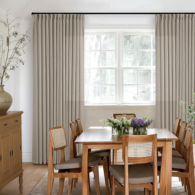 Pinch Pleated Linen Curtains 132 Inches Long for Living Room 2 Panels Set Greyish Beige Flax Double Pleated Drapes Back Tab Farmhouse Ceiling Floor 132 Inch Window Curtains Bedroom Burlywood Birch