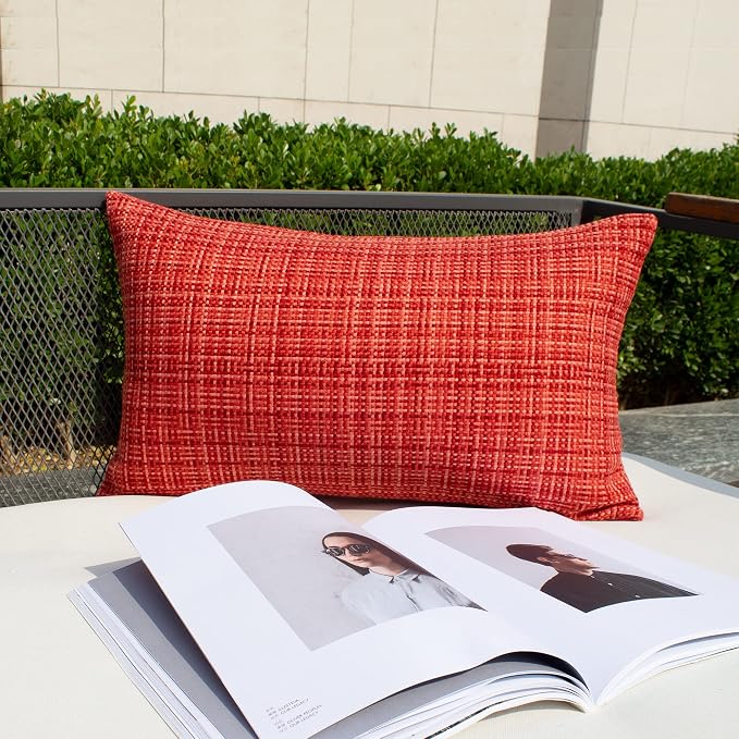 Kevin Textile Outdoor Waterproof Throw Pillow Covers 14x24 Inch Pack of 2 Woven Faux Linen Farmhouse Decorative Water Resistant Lumbar Cushion Covers for Tent Patio Garden Couch Sofa Red
