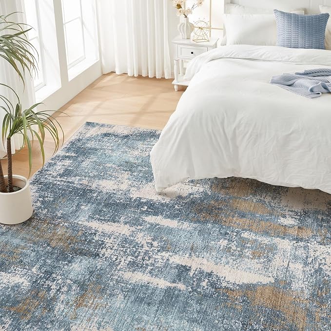 DMOYEST Area Rug Living Room Rugs - 8x10 Washable Large Soft Indoor Neutral Modern Abstract Low Pile Rug Carpet for Bedroom Dining Room Farmhouse Home Office - Blue Brown