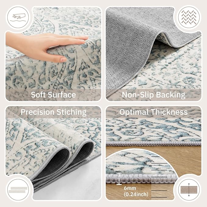 Soalmost Washable 2.5'x8' Runner Rug for Hallway,2'6"x8' Kitchen Runner Rug | Moroccan Trellis Runner Rugs with Rubber Backing Non-Slip Soft 2'6"x8' Carpet Runner for Entryway Laundry Bedroom Teal Blue