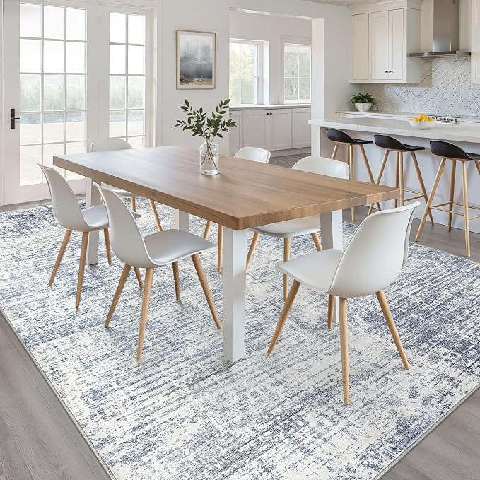 7x10 Area Rug Living Room: Washable Large Neutral Blue Rug Abstract Soft Modern Stain Resistant Indoor Floor Non-Slip Carpet for Bedroom Nursery Kids Office Playroom Dining Room Under Table Home