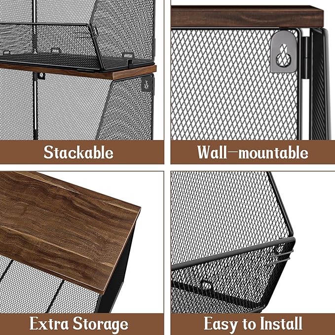 Stackable Fruit Basket for Kitchen Countertop Space Saving, Wall Mounted Mesh Metal Wire Basket with Wood Lid Extra Storage, 2 Pack Kitchen Counter Organizer for Snack, Onion and Potato Storage, White