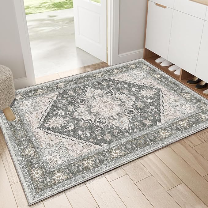 OPPODREAM Soft Throw Rugs 2x3, Small Washable Entryway Rugs 2 x 3 with Non Slip Backing, Low-Pile Faux Cashmere 2 x 3 Carpet, Greenish Grey