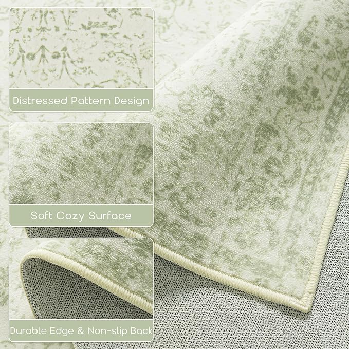 BILEEHOME Sage Green 2x3 Boho Rugs for Kitchen Bathroom Hallway Washbale Non Slip Front Door Rug Indoor Entrance Low Pile Light Green Area Rug for Bed Side Bedroom Floor Laundry Room 2 x 3