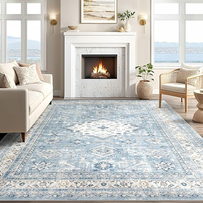 Vintage Living Room Area Rug 6x9 - Large Soft Washable Oriental Traditional Distressed Farmhouse Rugs for Bedroom - Indoor Floor Accent Carpet for Home Office House Decor - Blue