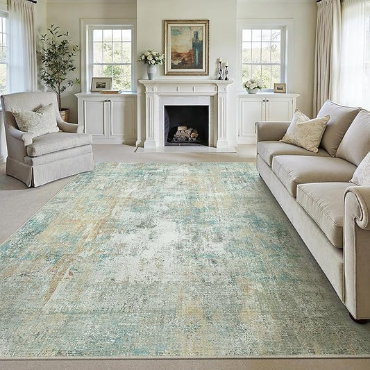 10x12 Washable Area Rug Teal Beige Abstract Non Slip Soft Low Pile Rug for Living Room Bedroom Dining Room Office Neutral Modern Indoor Large Throw Carpet for Home Decor
