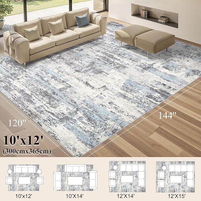 10x12 Area Rugs for Living Room: Abstract Washable Rug Modern Neutral Large Soft Stain Resistant Non-Slip Backing Machine Table for Bedroom Dining Room Indoor Home Office Carpet - Blue Grey