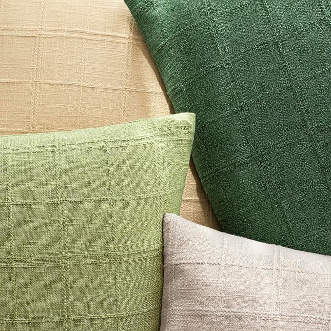 Foindtower Set of 2 Decorative Linen Check Throw Pillow Covers Neutral Farmhouse Vintage Cushion Covers Modern Boho Accent Home Decor for Sofa Chair Couch Bedroom Living Room,20×20 Inch,Forest Green