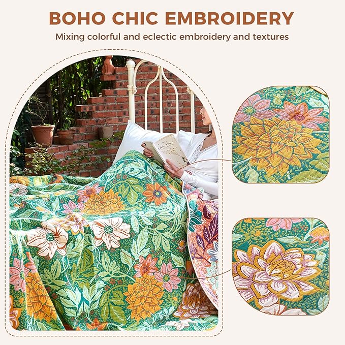 LUTBM Boho Throw Blanket for Couch Sofa Chair Spring Cotton Blankets for Bedroom Living Room All Season Lightweight Reversible Floral Embroidery Throws 50"x60"