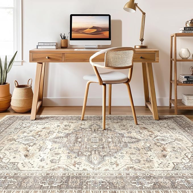 7x10 Area Rug Living Room: Washable Boho Large Neutral Vintage Soft Rugs Stain Resistant Farmhouse Non-Slip Indoor Floor Carpet for Bedroom Nursery Kids Playroom Office Dining Room- Beige Brown