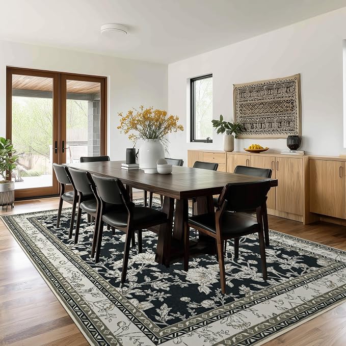 Black Floral Area Rugs 6x9 Living Room, Black with Cream Beige Taupe Flower Design Low-Pile Washable Rugs for Bedroom Dining Room, Vintage Modern Farmhouse Boho Indoor Floor Carpet Kids Playroom