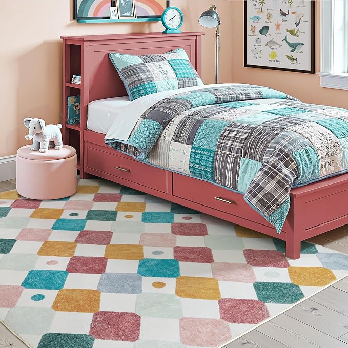 jinchan Macy 5x7 Area Rug for Kids Room Modern Colorful Nursery Rug Checkered Diamond Play Mat Washable Soft Non Slip Carpet for Playroom Classroom Bedroom Dorm Daycare Living Room Confetti on Cream