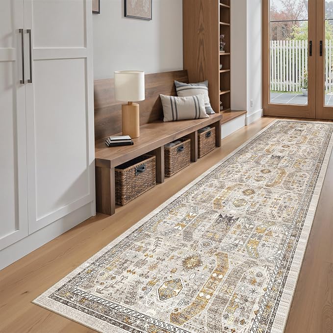 Madane Hallway Runner Rug 2'6''x10' Kitchen Runners Vintage, Brown/Gold | Non-Slip Washable Wide Rugs 2.5x10 Ft for Entryway Laundry and Bedroom, Low-Pile Stain-Resistant 10ft Floor Carpet