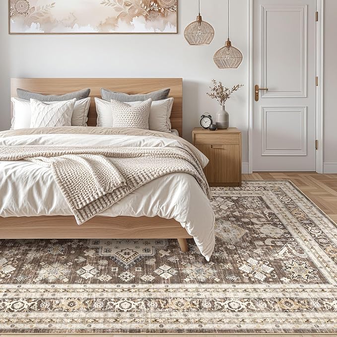 Vintage Living Room Area Rug 10x14 - Large Soft Washable Oriental Traditional Distressed Farmhouse Rugs for Bedroom - Indoor Floor Accent Carpet for Home Office House Decor - Dark Brown