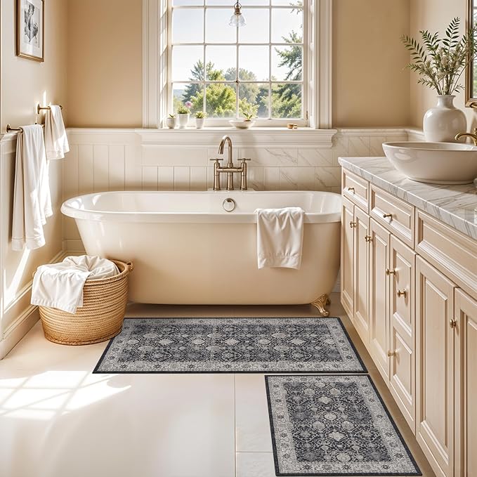 Kitchen Sink Rugs Set 0f 2: Washable Non-Slip Hardwood Floor Mat for Stove Dishwasher Fronts Soft Stain Resistant Carpet for Cooking Area & Fridge Boho Home Decor for High Traffic Area(2x3+2x4,Black)