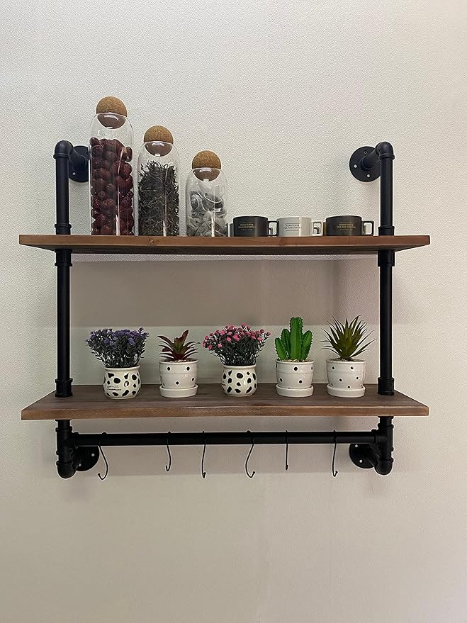 ROGMARS Industrial Pipe Shelving Bathroom Shelves with Towel bar | 30 inch Rustic Floating Shelves Pipe Wall Shelf with Hooks for Living room,Kitchen,Bedroom,Coffee Bar 2 Tier