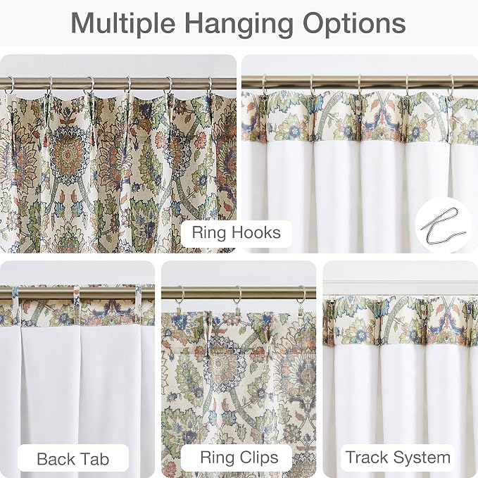 Vision Home Green Damask Floral Pinch Pleated Light Filtering Curtains, Linen Window Drapes with Microfiber Liner & Back Tab Hooks for Living Room Bedroom, Bohemian Medallion Print 40" Wx108 Lx2