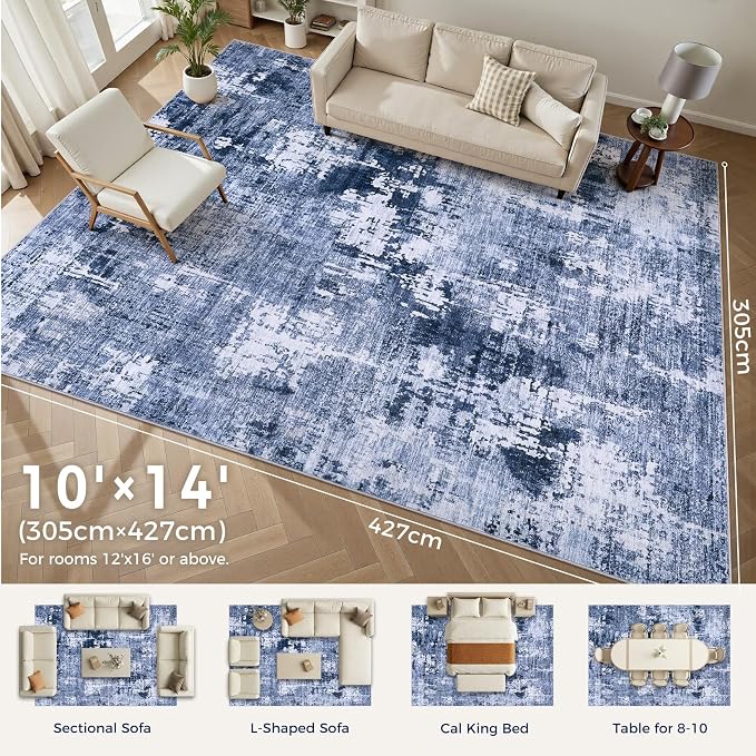 DMOYEST Area Rug Living Room Rugs - 10x14 Washable Large Soft Indoor Neutral Modern Abstract Low Pile Rug Carpet for Bedroom Dining Room Farmhouse Home Office - Navy Blue