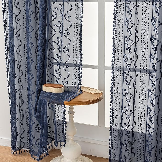 WAZZIO Boho Lace Curtains 2 Panels 63 Inch -Victorian Sheer Panel Drape French Country Floral Pattern & Tassel Light Filtering Privacy for Bedroom Dining Living Room,Coastal Decor,Navy Blue,W52x L63